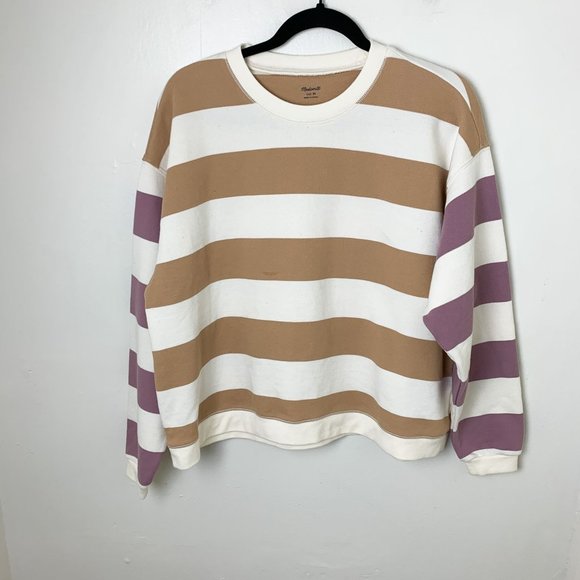 Madewell striped color block tan purple boxy terry sweater medium - Picture 1 of 7